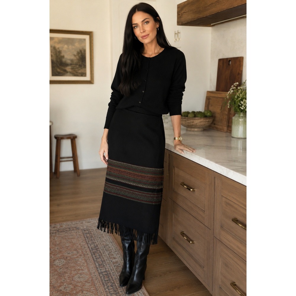 Vintage Michele Wool Blend Fringe Maxi Skirt Southwestern Western Size 14